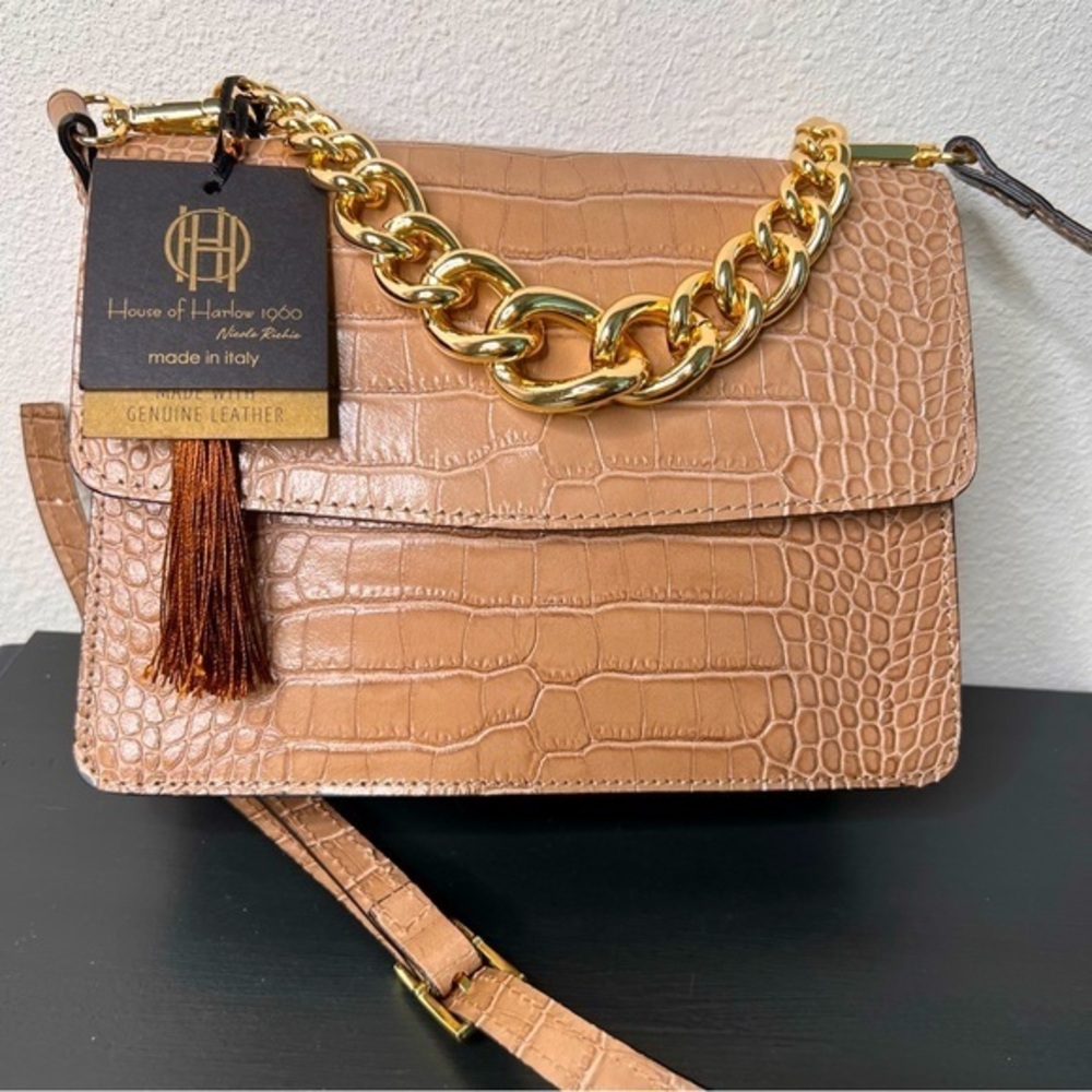 House of Harlow 1960 Croc Embossed Leather Crossbody Bag, Camel NWT